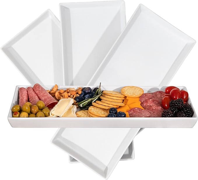 Home Beets White Ceramic Serving Platters (14 x 6 Inch Rectangle Plates) Serving Dishes for Entertaining, Food, Appetizers, Desserts, Cheese Board, Charcuterie, Sushi - Set of 4 Party Serving Trays