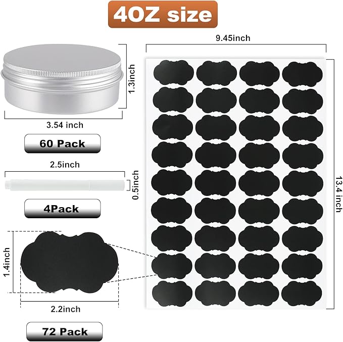 OBKJJ 60 Pack Round Cans with Screw Lid 4 Oz Aluminum Metal Tins DIY Food Candle Containers for Lotion Bars, Balms, Salve, Spices, Beard Balm, Crafts with 4 Markers 2 Sheets Label Stickers