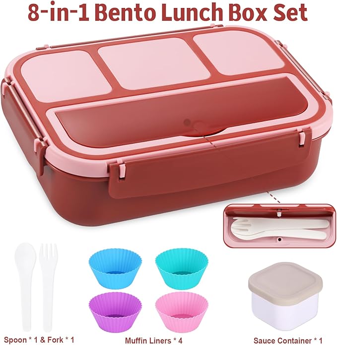 shell and turtle Bento Box Adult Lunch Box, Lunch Containers for Kids Girls Boys with 4 Compartments, Lunchable Food Container with Utensils, Sauce Jar, Muffin Liners, 40 Oz/5 Cup, Retro Red