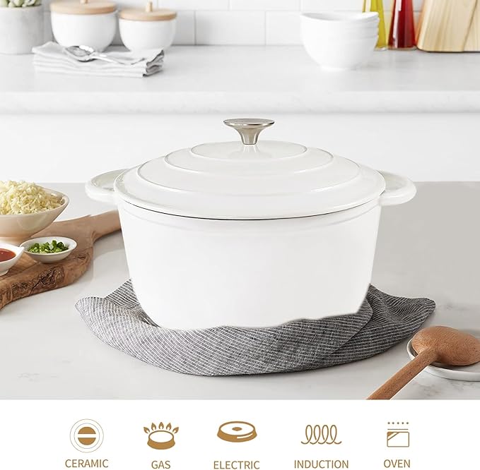 3 Quart Cast Iron Dutch Oven with Lid, Dual Handles Enameled Soup Pot, Heavy Duty and Oven Safe for Bread Baking, Braising, Cooking and Family Gifts, White