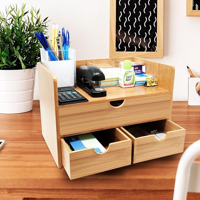 Sorbus Bamboo Desk Organizer - 3-Tier 100% Bamboo Desktop Organizers – Mini Bamboo Desk Drawer Tabletop Storage Box Countertop Organization 3 Drawers & Shelf - Office, Makeup Vanity, Fully Assembled