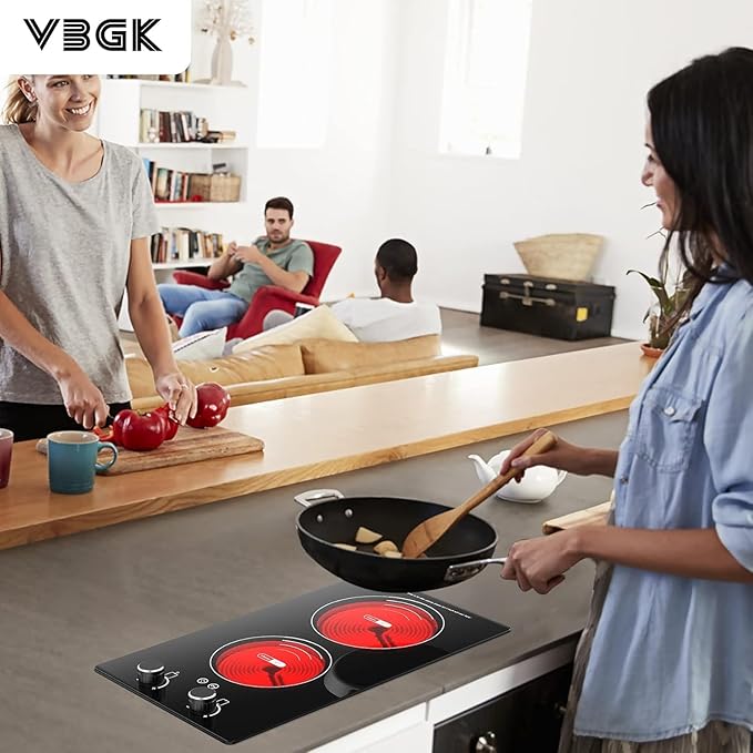VBGK Electric Cooktop,110V 2400W Electric Stove Top with Knob Control,9 Power Levels, Kids Lock & Timer,LED touch control,Overheat Protection Electric stove,24 Inch desktop 2 burner
