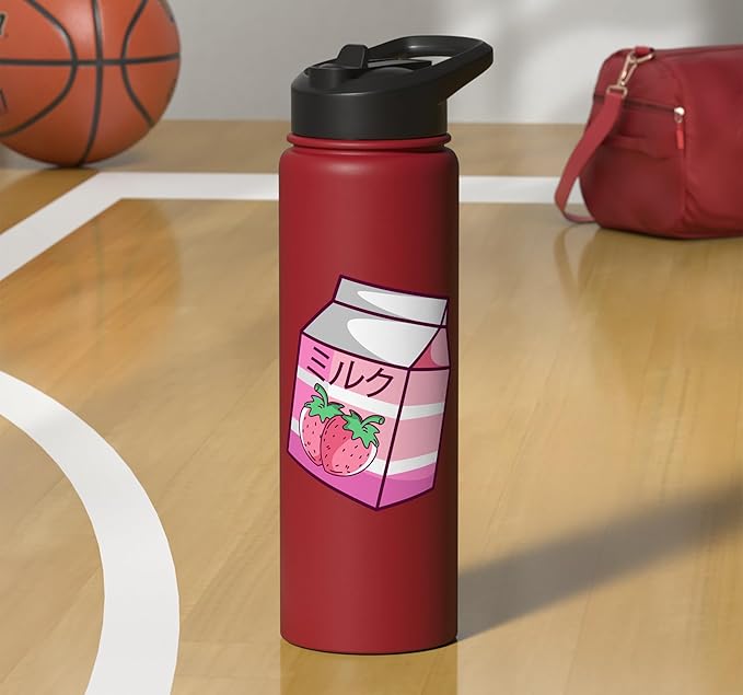 Kawaii Japanese Pink Retro 90s Strawberry Milk Carton Stainless Steel Insulated Water Bottle