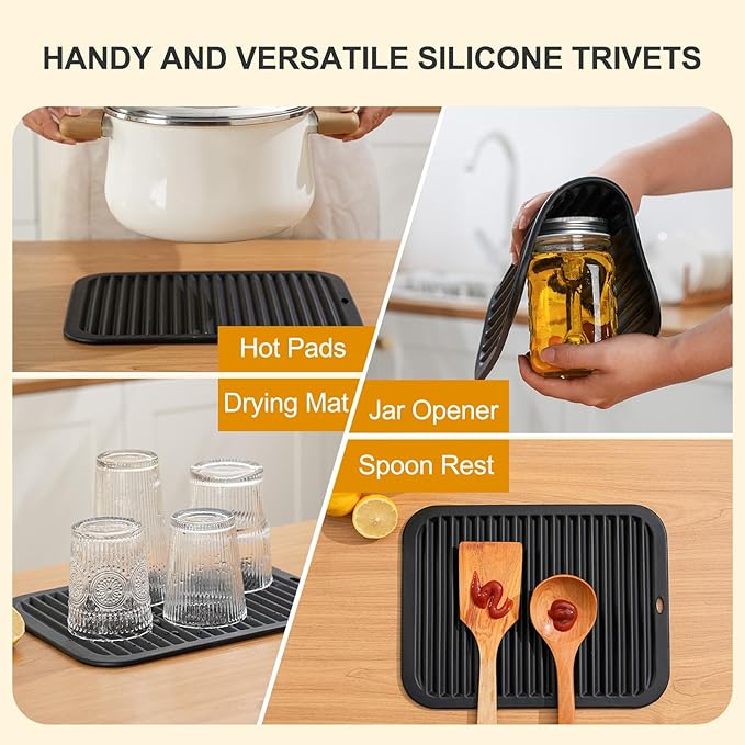 9"x12" Large Silicone Trivets for Hot Pots and Pans, Hot Dishes, 2 Non Slip Heat Resistant Mats for Countertop Table, Silicone Pot Holders Hot Pads for Kitchen, Food Grade & BPA Free, Black