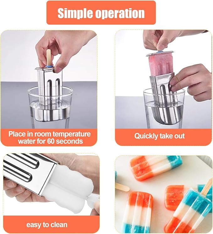 Stainless Steel Popsicle Molds, Set of 6 Ice Cream Maker, Ice Pop Molds With Holder, Metal Reusable Homemade Popsicle Molds with Sticks and Bags (Flat Head, with Slot)