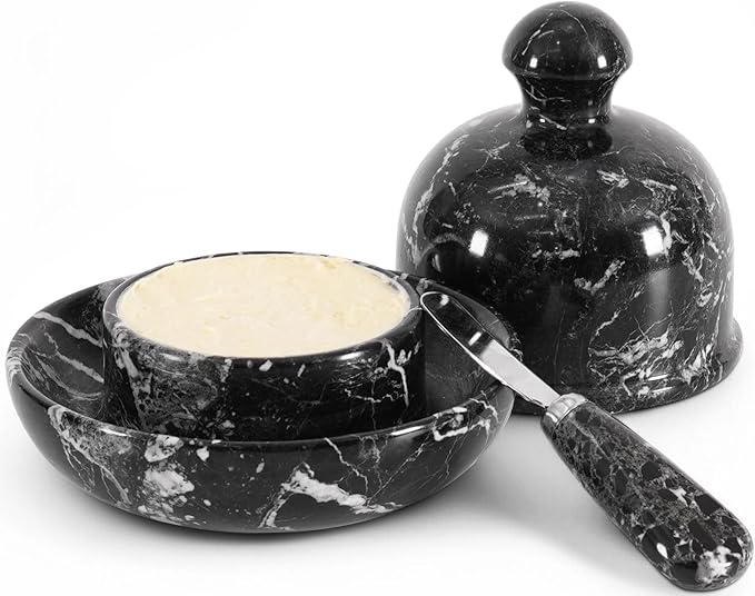 Radicaln Marble Butter Dish With Lid For Countertop 6" Inches Black Zebra Handmade Butter Spreader For Kitchen Accessories, Ideal Butter Crock for Butter & French Butter Holder