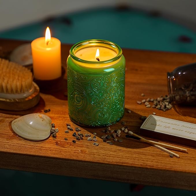 Art Secret 9-Pack 8oz Embossed Glass Candle Jars with Lids and Labels - Sun Moon Stars Design (Shining Green)