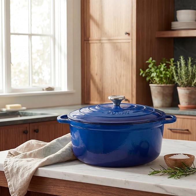 Zulay Kitchen 5 Quart Enameled Cast Iron Dutch Oven Pot with Lid – Premium Durability & Oven Safe up to 500°F – Heavy Duty Cookware Perfect for Bread Baking, Stews, Braising & Roasting – Blue