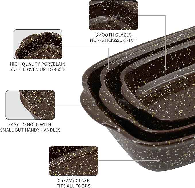 3-Pack Deep Rectangular Ceramic Baking Dishes, Heavy-Duty Oven-Safe Stoneware Casserole Pans for Lasagna Baking, High Heat Resistant Handcrafted Glazed Finish,Speckle Series(13.8''/12''/9.6'' Brown)