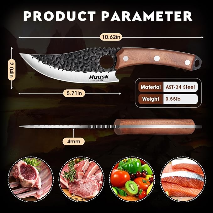 Huusk Viking Knife with Sheath - Hand Forged Butcher Knife for Meat Cutting - High Carbon Steel Meat Knives- Multipurpose Japanese Chef Knives for Camping, Outdoor, BBQ, Gift for Men and Women