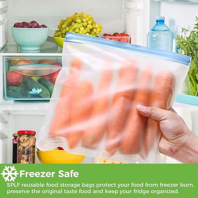 SPLF 12 Pack Dishwasher Safe Reusable Bags, Leakproof Reusable Freezer Bags, BPA Free Food Storage Bags for Lunch, Meal Prep, Marinate, Veggies, Travel - 2 Gallon 5 Sandwich 5 Snack