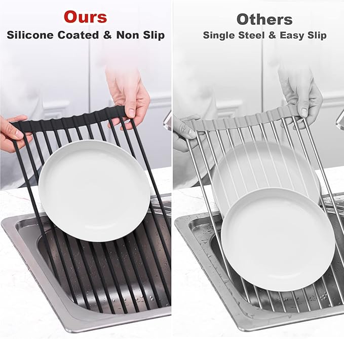 MERRYBOX 20.5" x 13" Roll Up Dish Drying Rack Silicone Wrapped Over The Sink Dish Drying Rack Multipurpose Foldable Sink Drying Mat, Heat-Resistant & Anti-Rust Dish Rack for Kitchen Sink, Large, Black