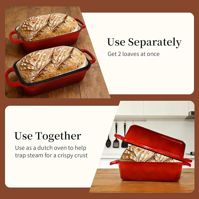 FUNKYLEE Enameled Cast Iron Bread Pan with Lid, 2-in-1 Loaf Pan for Baking Bread 8.5x4.5, Professional Sourdough Bread Pan for Homemade Bread, Set of 2, Red