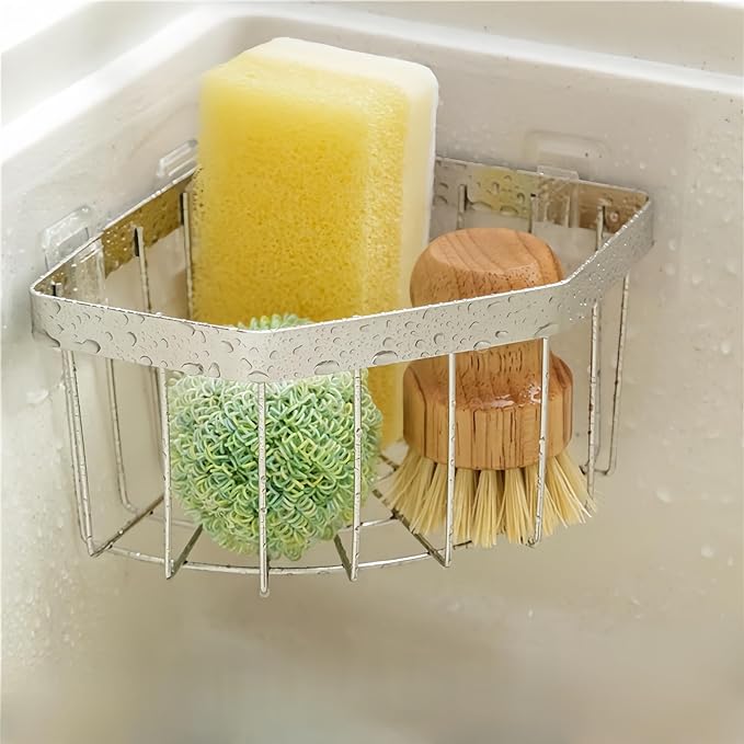 Wall Mounted Sink Caddy Organizer, Carbon Steel Kitchen Sponge Holder with 2 Adhesive Hooks, Triangular Drain Rack, 5.27x5.27x3.54 Inch (Silver)