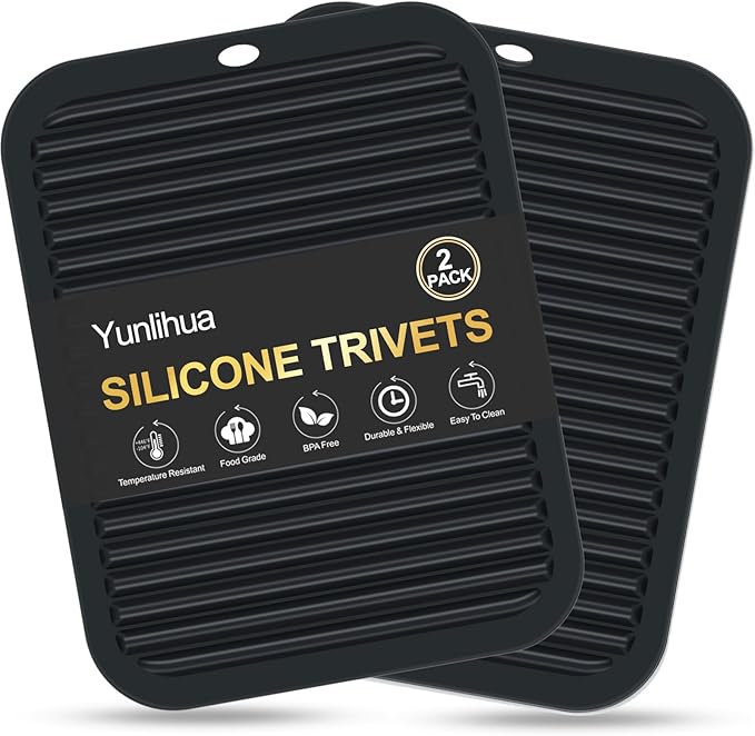 9"x12" Large Silicone Trivets for Hot Pots and Pans, Hot Dishes, 2 Non Slip Heat Resistant Mats for Countertop Table, Silicone Pot Holders Hot Pads for Kitchen, Food Grade & BPA Free, Black