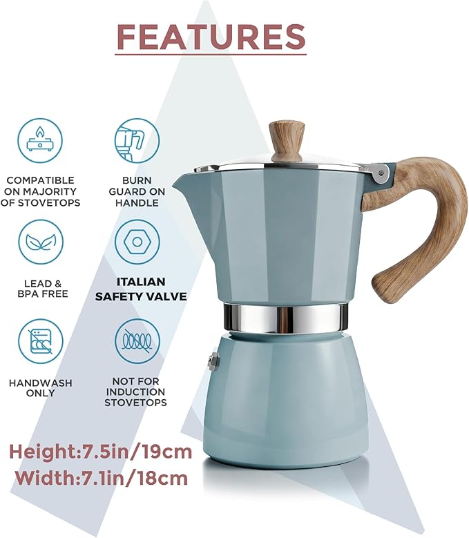 AGOGO Milano Moka Pot Stovetop Espresso Maker with 100 Paper Filters for Sediment-Free Coffee, Classic Italian Greca with Wood-Grain Handle,Cleaning Brush & Towel 6 Cup (10oz / 300ml) Lake Blue
