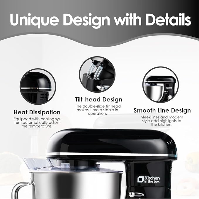 Kitchen in the box Stand Mixer - 8.5 Quart Mixing Bowl with Handle, 900 Watt Heavy Bread Dough Standing Mixers Tilt-head with Dough Hook, Whisk, Flat Beater and Splash Guard (Black)