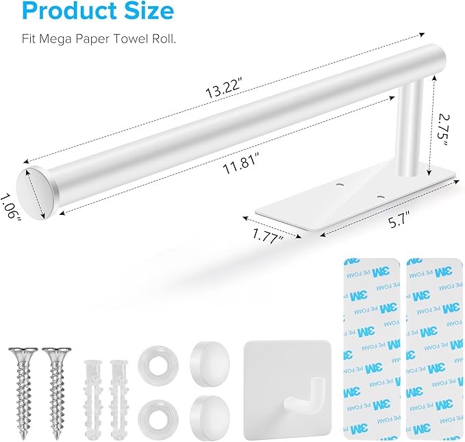 2nd Gen Paper Towel Holder Under Cabinet No Drilling, [More Sturdy] Self Adhesive or Drilling Paper Towel Holder Wall Mount for Kitchen, RV, [Fit Mega Paper Towel Roll] SUS304 Stainless Steel