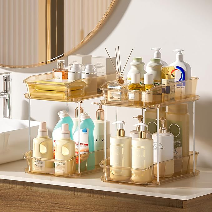 Delamu 2-Tier Under Sink Organizers and Storage, Multi-Purpose Stackable Bathroom Cabinet organizers, Pull Out Kitchen Pantry Organization and Storage with Dividers(3 Pack, Amber)
