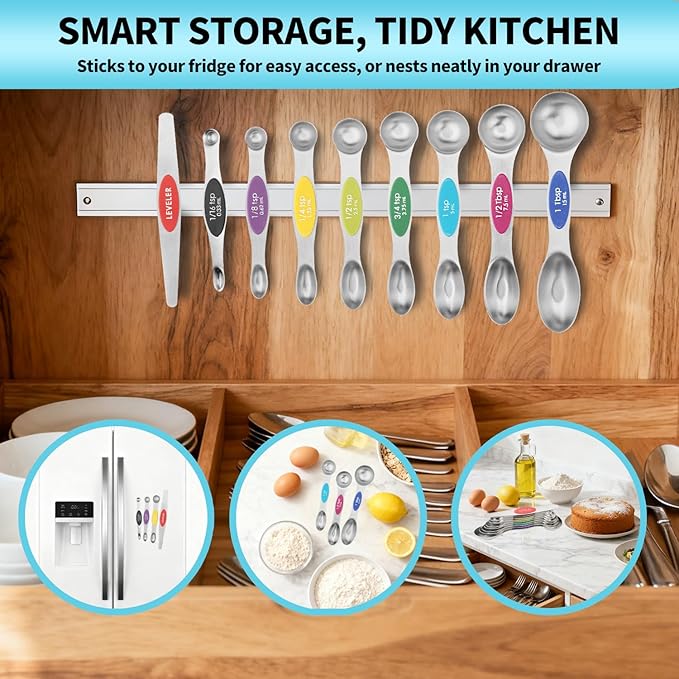 Magnetic Measuring Cups and Spoons Set of 16, 7 Stainless Steel Measuring Cups, 8 Double-Sided Measuring Spoons with 1 Leveler, Color Coded Handles, Dual Markings for Dry and Liquid Ingredients