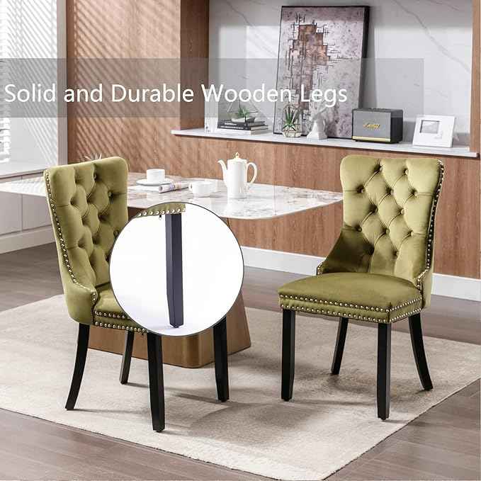 Velvet Dining Chairs Set of 4, Tufted Upholstered Wingback with Back Ring Pull Trim, Solid Wood Legs (Olive Green) for Dining, Living, Kitchen