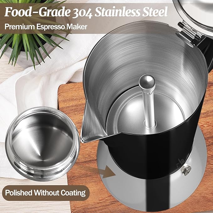 4 Cup Thickened Moka Pot 304 Stainless Steel 200ml Italian Espresso Coffee Maker Stovetop CoffeeMakers Mocha Pot Percolator for Induction Stove Classic Cafe Makers Portable for Easy Brewing