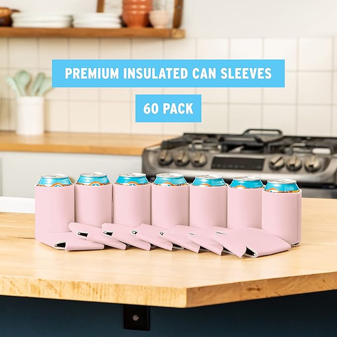 Blank Beer Can Cooler Sleeves (60-Pack) Soft Insulated Beer Can Coolies - HTV Friendly Blank Koolies in Bulk for Beer Cans & Bottles - Coolie Blanks for Vinyl Projects & Wedding Favors (Blush)