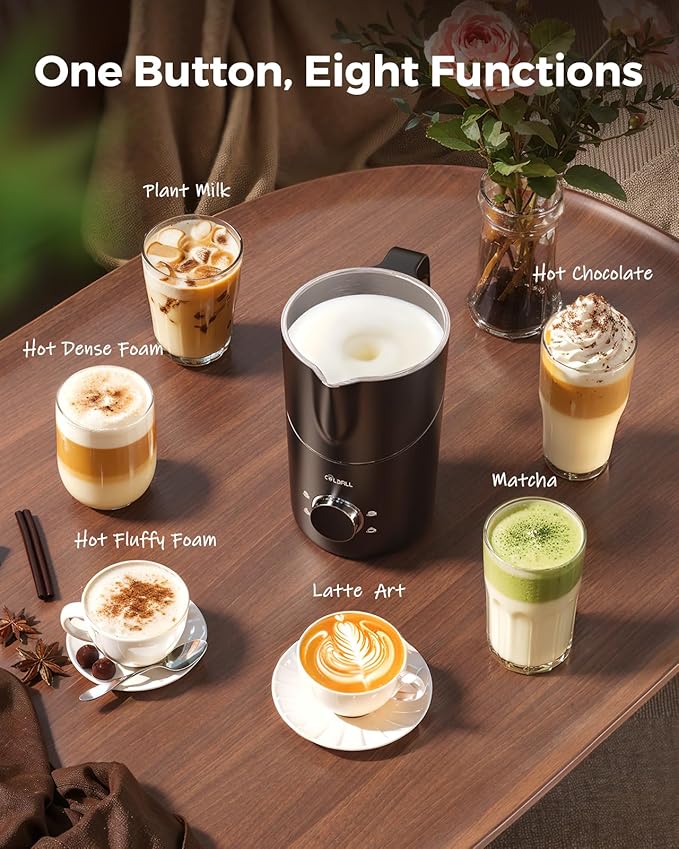 8-in-1 Milk Frother, 400ml Large Capacity & Detachable Milk Frother and Steamer, Coffee Frothers with Heating Function, Electric Automatic Hot & Cold Foam Milk Steamer, Quiet,Dishwasher Safe