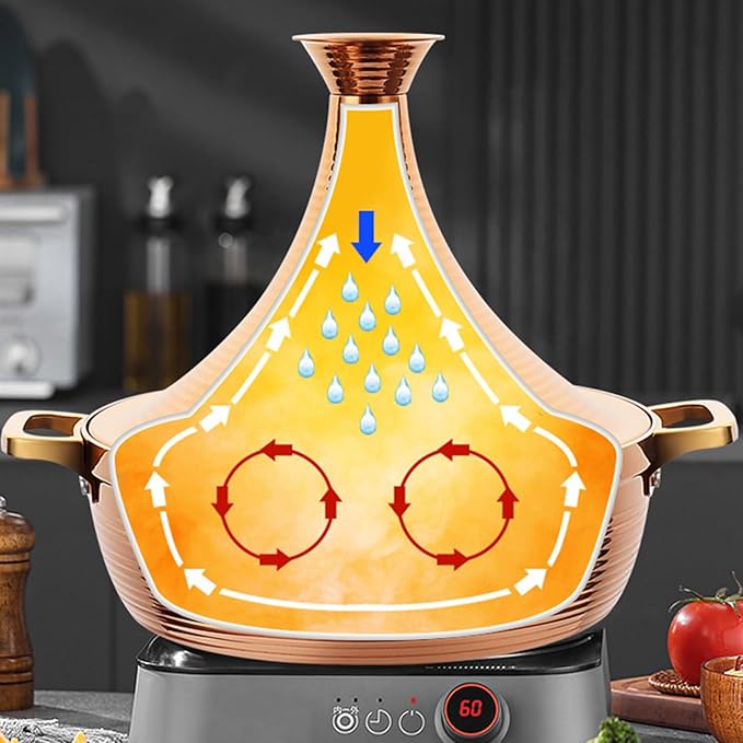 Moroccan Tagine Cooking Pot,Stainless Steel Non Stick Moroccan Casserole with 2 Handles,Large Moroccan Cooker Handmade Tagine Pot with Cone-Shaped Lid(23cm, Silver)