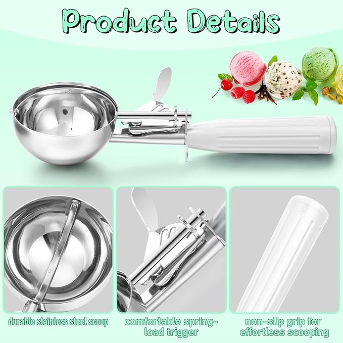 Reallnaive 2 Pcs Release Cookie Scoops Ice Cream Scooper with Trigger Release Portion Scoop Stainless Steel for Portion Control, Baking Food, Cookie Dough (5.3 oz,White)