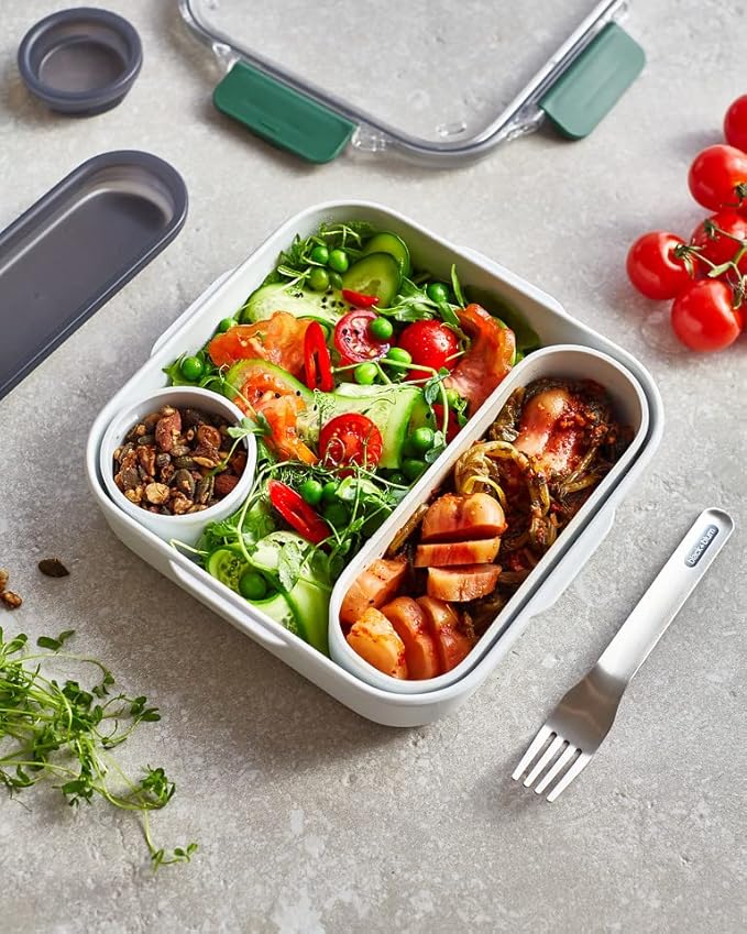 BLACK + BLUM Bento Box Style Compartment Food Container | Packed Lunch Box with Stainless-Steel Travel Fork, Plastic Free Leak-Proof, Microwave Safe | Olive, 34 oz / 1000 ml