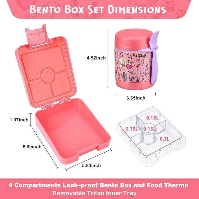 Pawtong Bento Lunch Box Set With 10oz Soup Thermo, Leak-proof Lunch Containers with 4 Compartment, Kids Hot Thermo Food Jar/Insulation Lunch Bag, Food Containers for School（Flamingo）