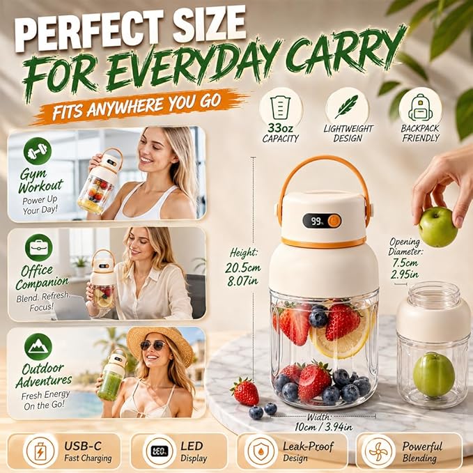 Portable Electric Juicer Cup with Zero Cord Hassle, 1200ml Multifunctional Wireless 2-In-1 Dual Lid Personal Blender Bottle with Straw 38-Blades USB Rechargeable for Gym Office Outdoor (800ml)