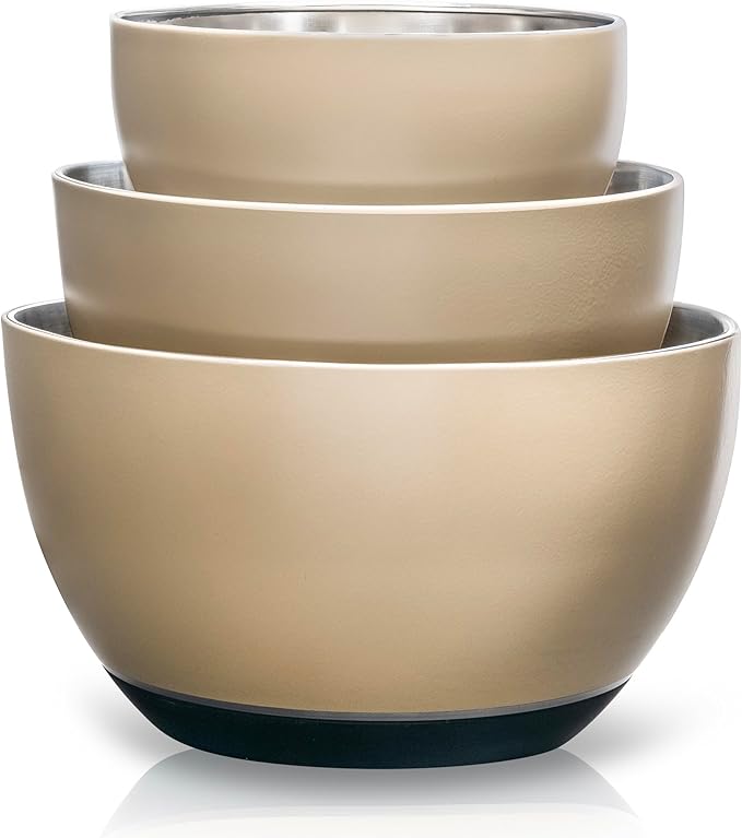WHYSKO Stainless Steel Mixing Bowls Set of 3 with Non-Slip Silicone Base, Nesting Metal Bowls for Meal Prep, Baking, Cooking & Food Storage, Dishwasher Safe Kitchen Mixing Bowls, Tan