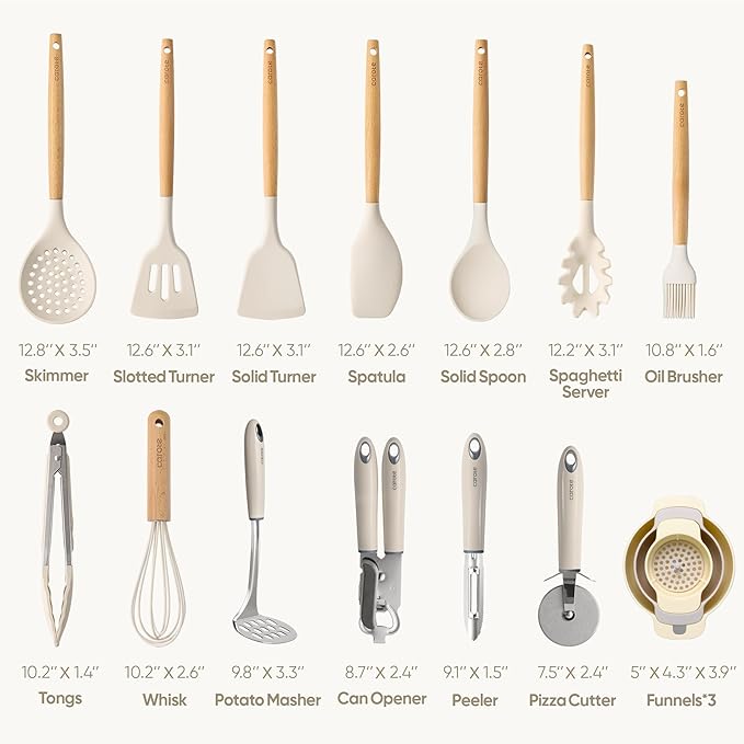 CAROTE Silicone Cooking Utensils Set, Kitchen Utensils Set 16 Pcs for Cooking,BPA Free Spatula Set,446 ℉ Heat Resistant Wood Handles for Nonstick Cookware (Cream White)