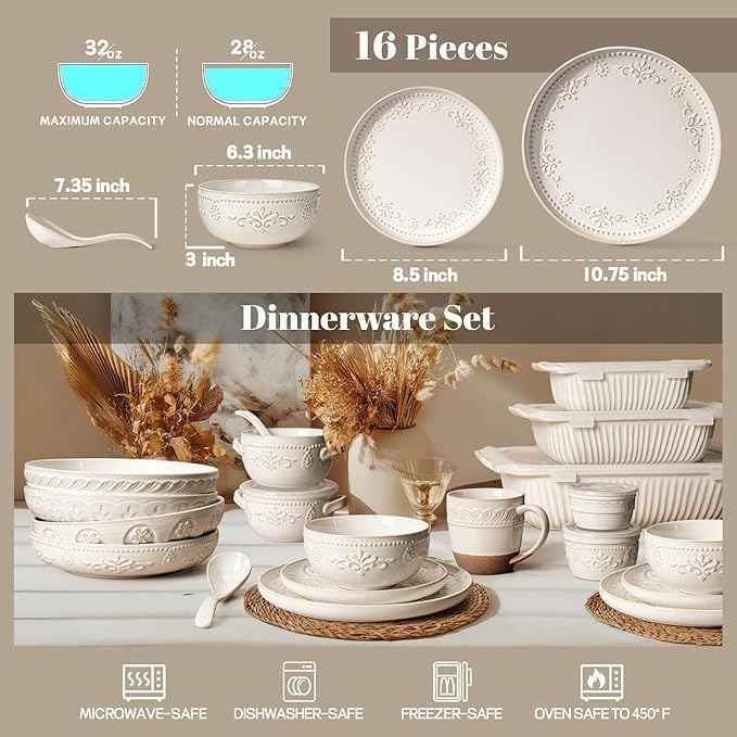 Artena Plates And Bowls Sets, 16 Pieces Dinnerware Sets, Dish Set For 4, Ceramic Kitchen Bowl And Plate Set, Embossed White Dishware Sets, Dishwasher & Microwave Safe (Damask Floral)