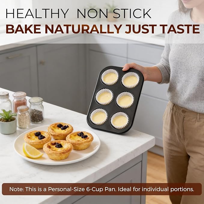 Muffin Pan 2-Pack, 6-Cup Cupcake Pans and Muffin Tins with Nonstick Coating, 10.43"x7.28"x1.1" with 2.56" Cups, for Muffins, Cupcakes, Brownies, Cheesecake, Carbon Steel, Easy Clean, Oven Safe