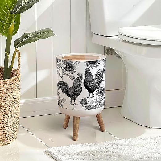 Trash Can with Lid Intricate Rooster Sunflower Black White Press Top Round Small Garbage Bin with Wooden Legs Waste Basket for Kitchen Bedroom Nursery 7L/1.8 Gallon