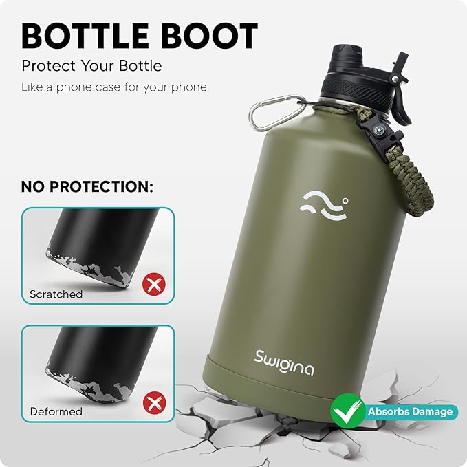 Swigina [2-IN-1 LID] Gallon Insulated Water Bottle with Silicone Boot (48hrs Cold/24hrs Hot) - DIY Stickers, Leakproof, BPA Free, 128 oz