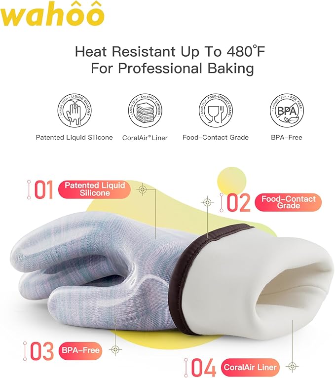 wahoo Professional Liquid Silicone Oven Mitts Gloves, Heat Resistant Gloves for Cooking, Baking, CoralAir Liner, 12 Inch, Purple, Medium