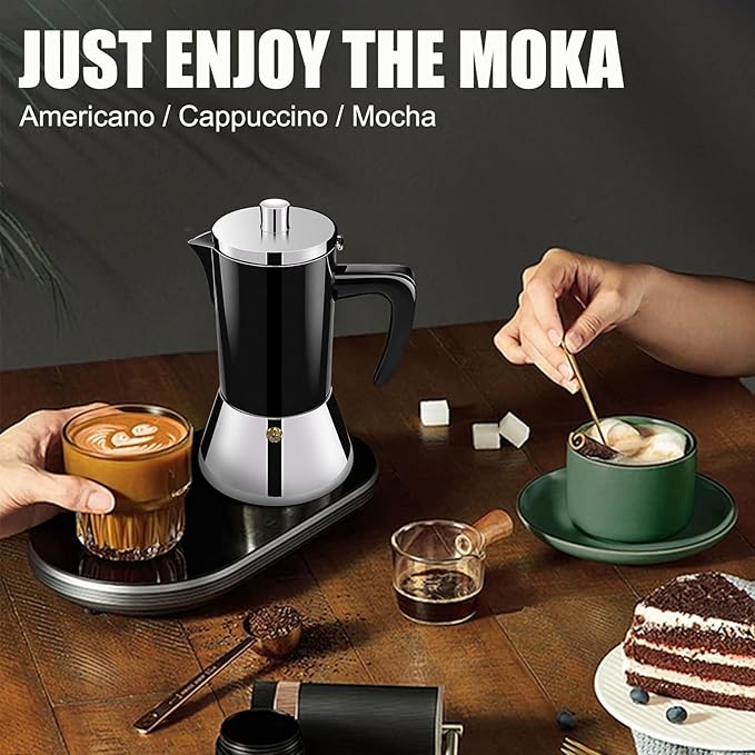 6 Cup Thickened 304 Stainless Steel Moka Pot Stovetop Espresso Maker Cafeteras Italian Percolator Espress Makers Capable Greca Mocha Coffee Machine for Induction Home and Camping 300ml 10oz