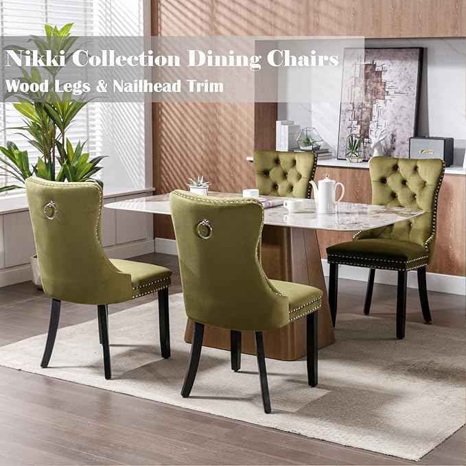 Velvet Dining Chairs Set of 4, Tufted Upholstered Wingback with Back Ring Pull Trim, Solid Wood Legs (Olive Green) for Dining, Living, Kitchen