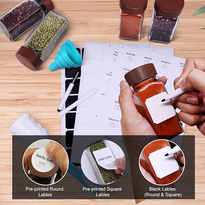 30 Pcs Spice Jars, 4oz Seasoning Containers with Acacia Wood Shaker Lids, Glass Spice Bottles with Labels, Square Seasoning Organizer, Kitchen Spice Container