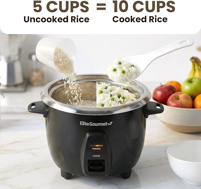 Elite Gourmet ERC2010B Electric Rice Cooker with Stainless Steel Inner Pot Makes Soups, Stews, Porridge's, Grains and Cereals, 10 cups cooked (5 Cups uncooked), Black