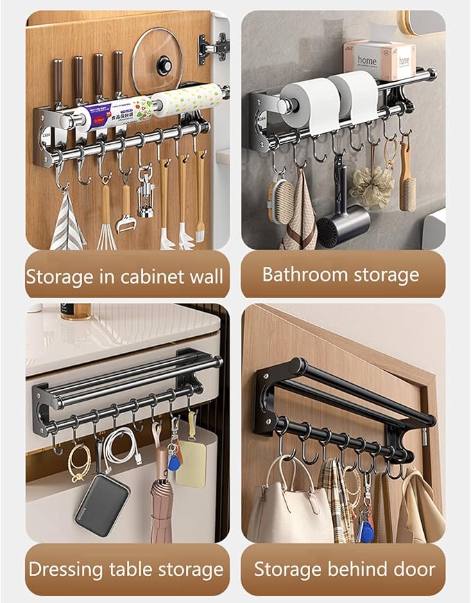 Hanging Wall Mount knife Wall Mount, Space-Saving Knife Rack with Hooks, Kitchen Organizer Storage Shelf for Utensils Spatula Spoon, Kitchen Utensil Hanger (Black, 40CM+8Hooks)