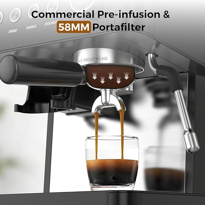 Kndko Espresso Machine with Grinder & Milk Frother, 20 Bar Espresso Coffee Machines with Removable Water Tank, Cappuccino & Latte Machine for Home, Black