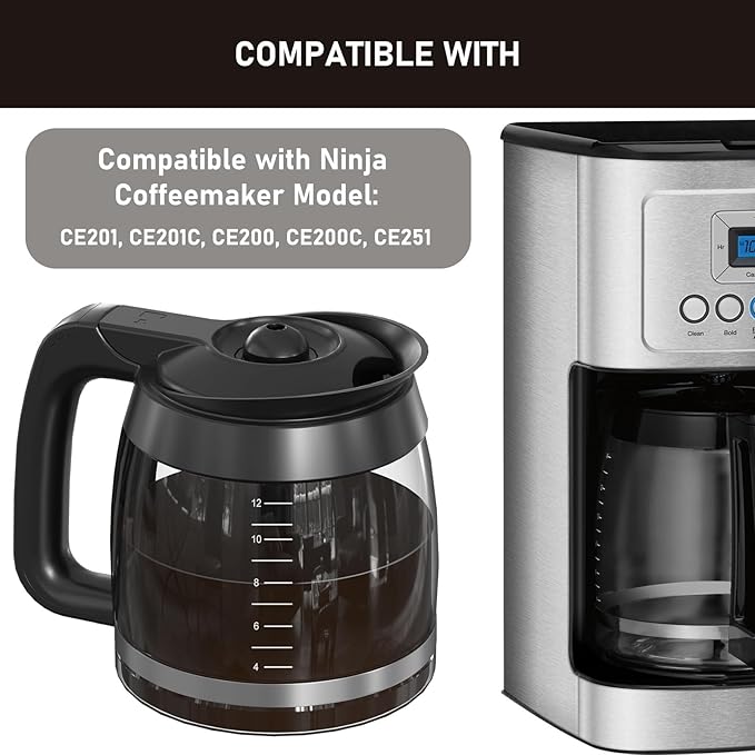 CE251 12-Cup Glass Carafe Pot Replacement Compatible with Ninja Coffee Brewer Maker, Fit Models CE251 CE201 CE201C CE200 CE200C Model# XGLSLID200, 1 Pack