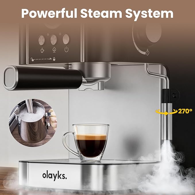 olayks Professional 20-Bar Espresso Coffee Maker, Semi-Automatic with Steam Wand Milk Frother, All-in-One Machine with 1.8L Removable Tank for Latte Cappuccino, Easy Clean