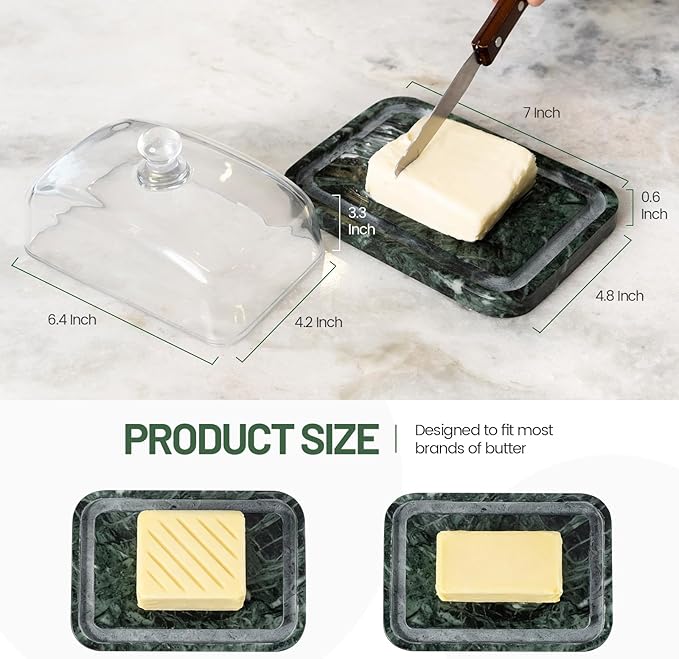 Koville Green Marble Butter Dish with Glass Lid for Countertop and Refrigerator Door Shelf, Green Marble Butter Keeper, Stone Butter Dish with Lid, Airtight Butter Keeper Container, Dishwasher Safe