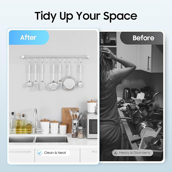 Kitchen Hanging Racks, 304 Stainless Steel 20 Inch Rail Utensil Storage Hanger with 10 Pcs Noiseless Sliding Hooks, Wall Mounted Rod Holder for Pots Pan Spatula Spoon Cookware Mug Cup